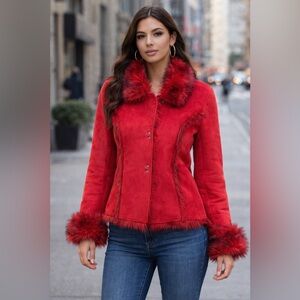 Red Faux Fur Trim Jacket